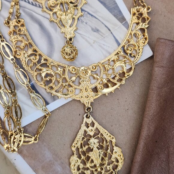 Vintage 1970's Egyptian Revival Tiered Chandelier Statement Necklace - Picture 6 of 14